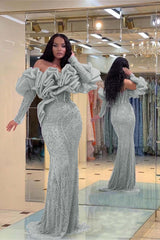 Purple Mermaid Prom Dress Long Sleeve Off the Shoulder Beaded Formal Dress