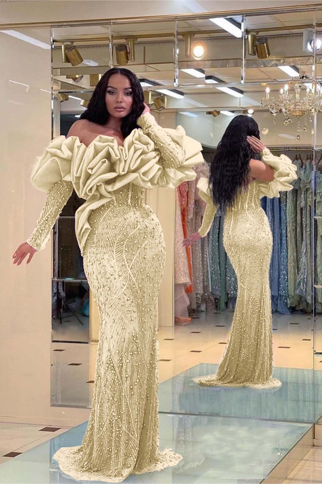 Purple Mermaid Prom Dress Long Sleeve Off the Shoulder Beaded Formal Dress