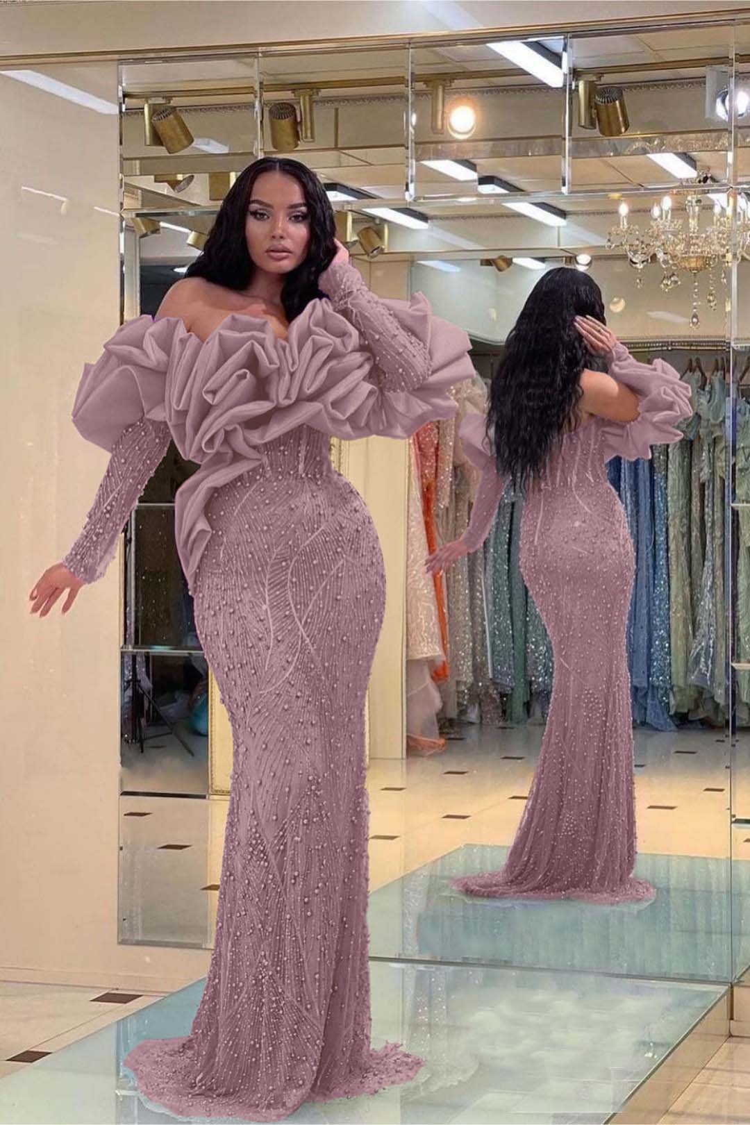 Purple Mermaid Prom Dress Long Sleeve Off the Shoulder Beaded Formal Dress