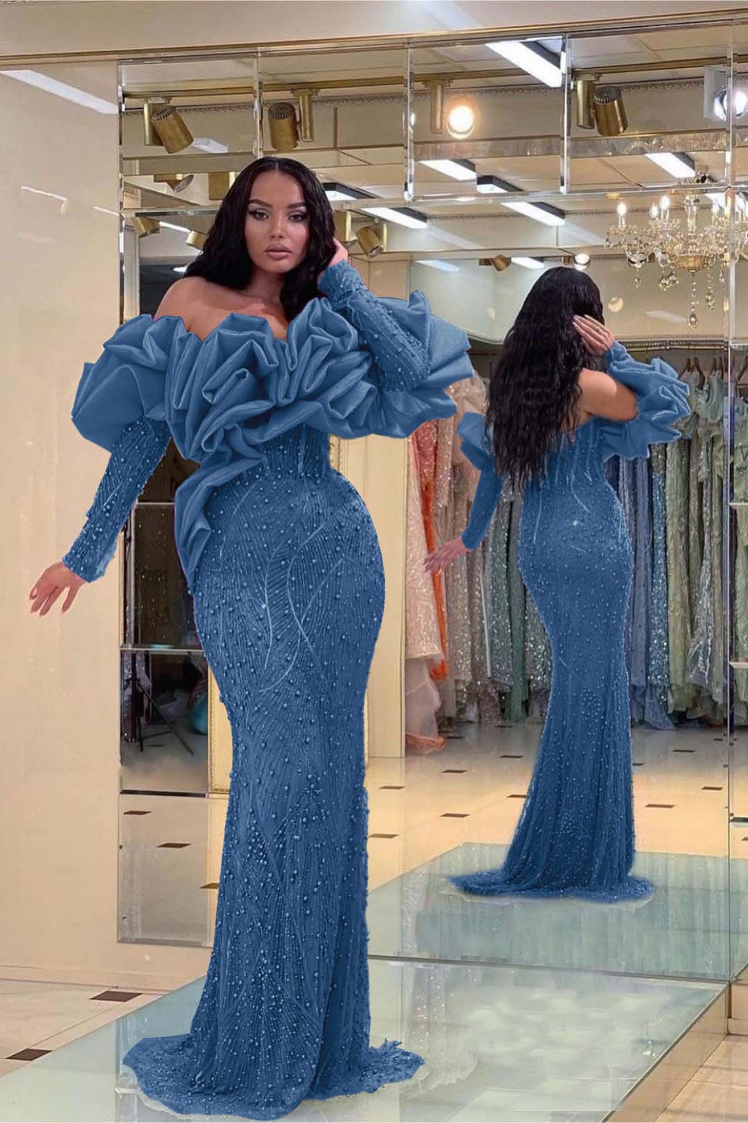 Purple Mermaid Prom Dress Long Sleeve Off the Shoulder Beaded Formal Dress