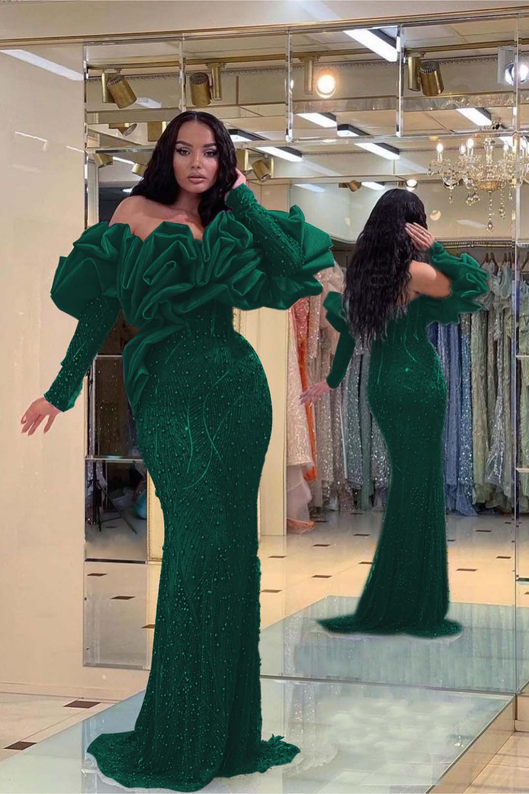 Purple Mermaid Prom Dress Long Sleeve Off the Shoulder Beaded Formal Dress