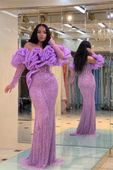 Purple Mermaid Prom Dress Long Sleeve Off the Shoulder Beaded Formal Dress