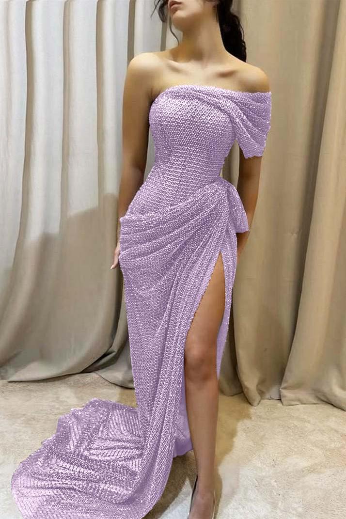 Purple Mermaid Prom Dress One Shoulder Beaded Formal Dress