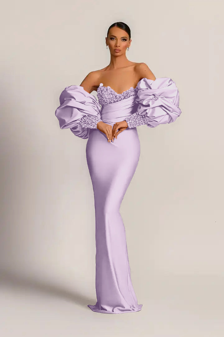 Purple Mermaid Prom Dress Puff Long Sleeve Sweetheart Beaded Formal Dress