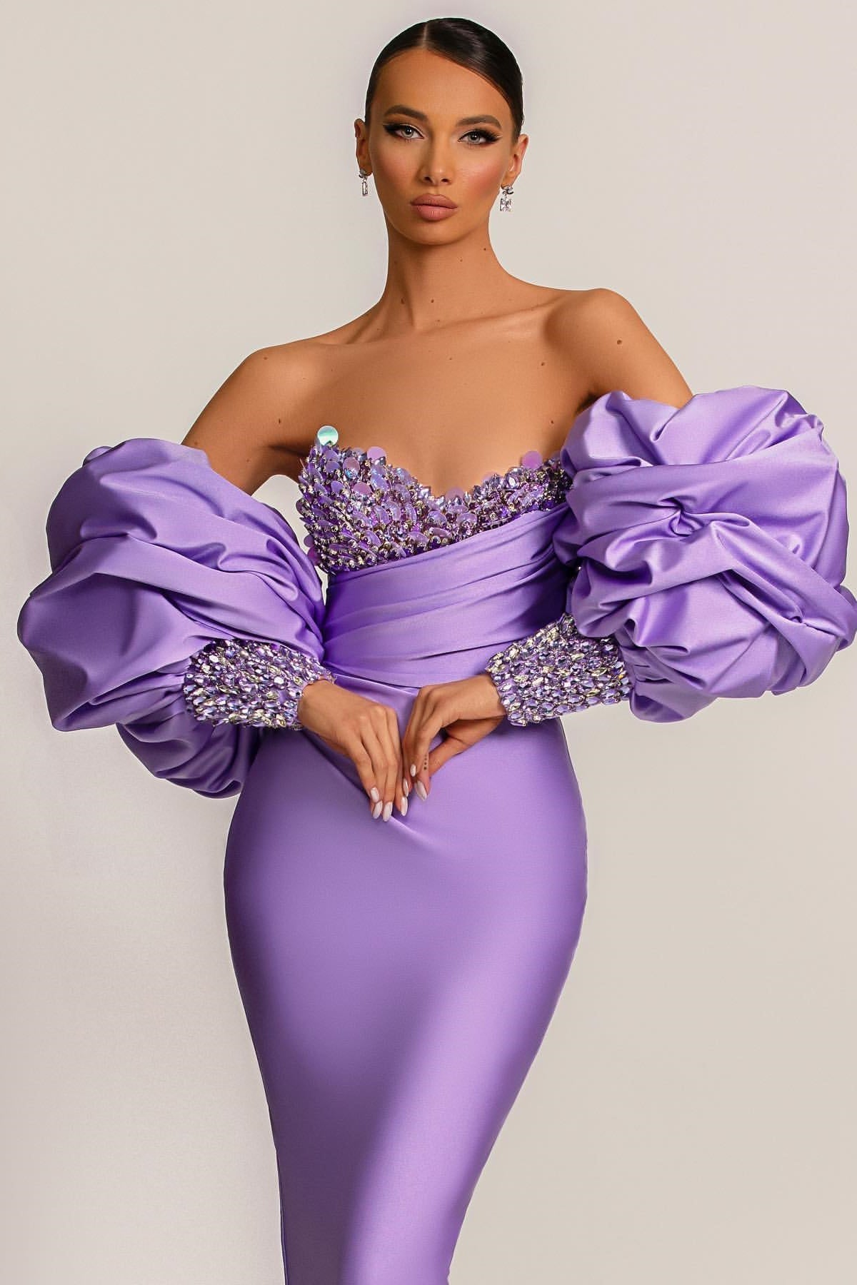 Purple Mermaid Prom Dress Puff Long Sleeve Sweetheart Beaded Formal Dress