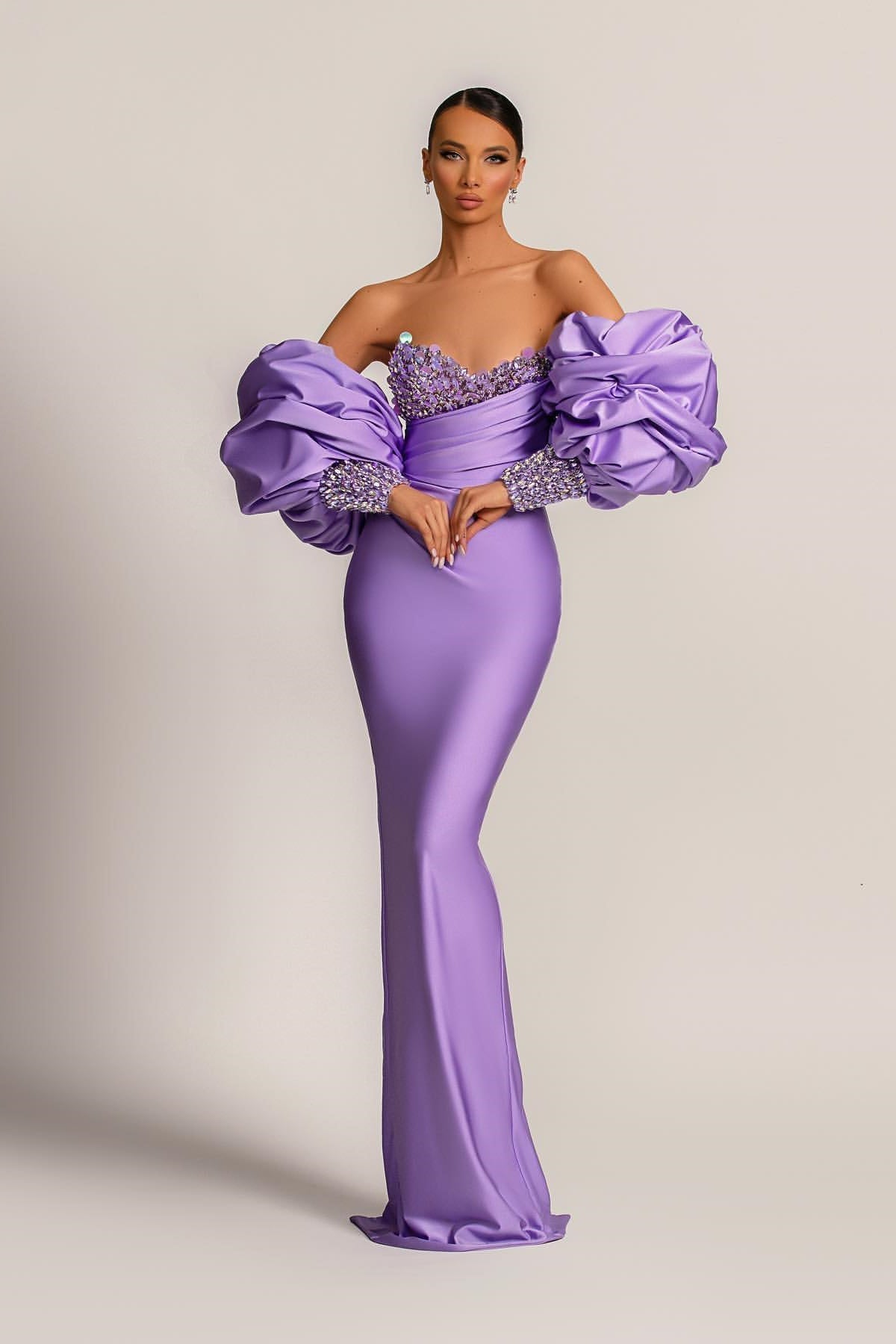 Purple Mermaid Prom Dress Puff Long Sleeve Sweetheart Beaded Formal Dress