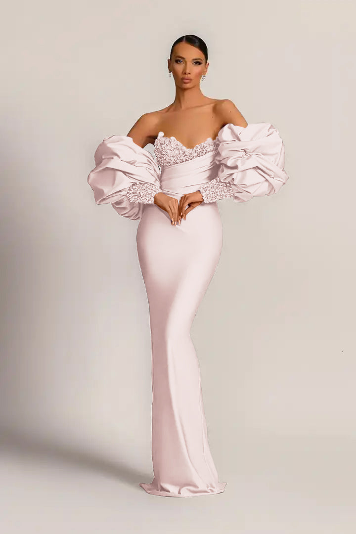 Purple Mermaid Prom Dress Puff Long Sleeve Sweetheart Beaded Formal Dress