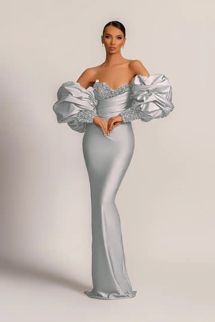 Purple Mermaid Prom Dress Puff Long Sleeve Sweetheart Beaded Formal Dress