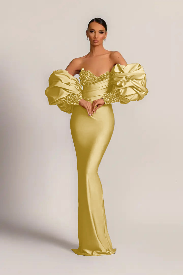 Purple Mermaid Prom Dress Puff Long Sleeve Sweetheart Beaded Formal Dress