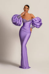 Purple Mermaid Prom Dress Puff Long Sleeve Sweetheart Beaded Formal Dress
