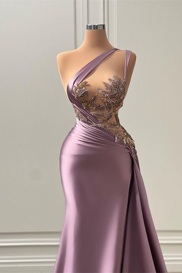 Purple Mermaid Prom Dress Sleeveless One Shoulder Beaded Formal Dress