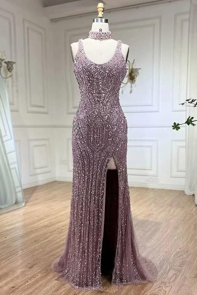 Purple Mermaid Prom Dress Sleeveless Scoop Neck Beaded Formal Dress