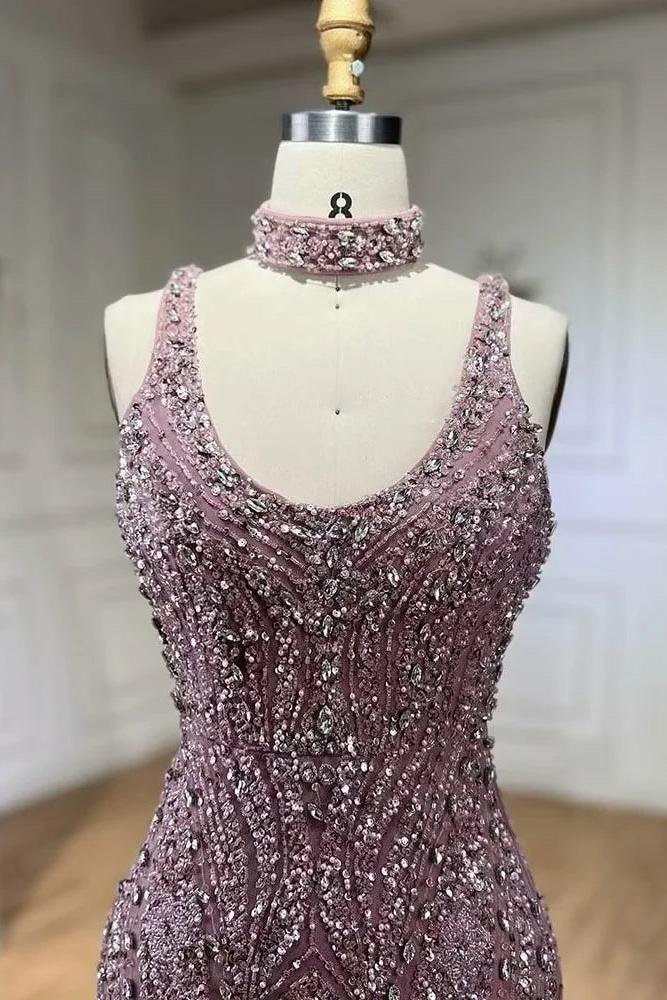 Purple Mermaid Prom Dress Sleeveless Scoop Neck Beaded Formal Dress