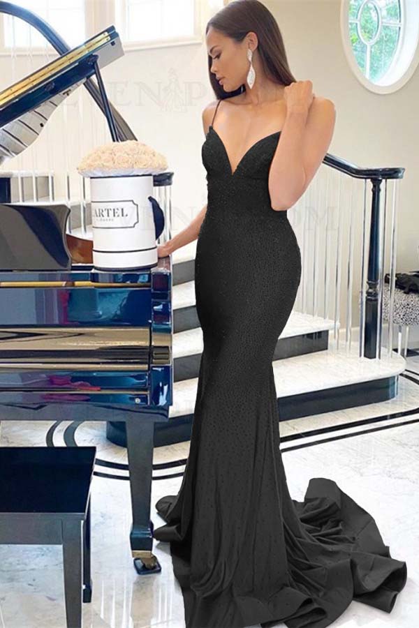 Purple Mermaid Prom Dress Sleeveless Spaghetti Straps Beaded Formal Dress