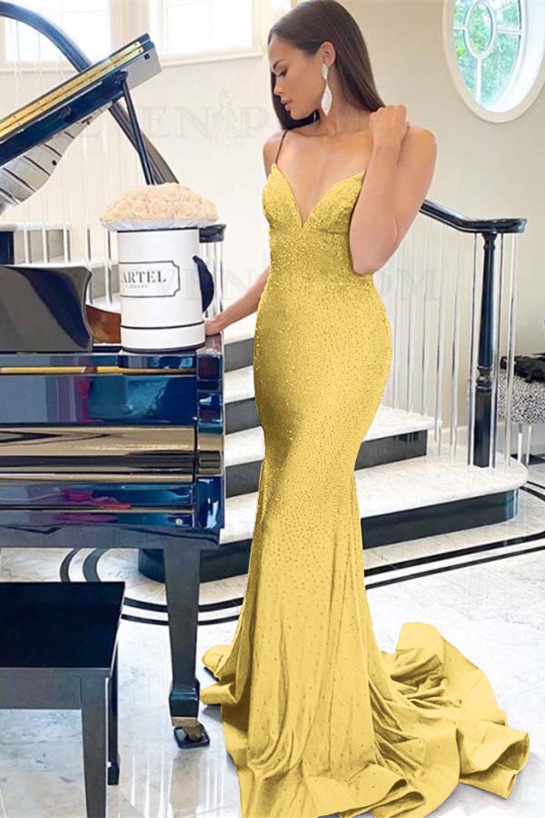 Purple Mermaid Prom Dress Sleeveless Spaghetti Straps Beaded Formal Dress