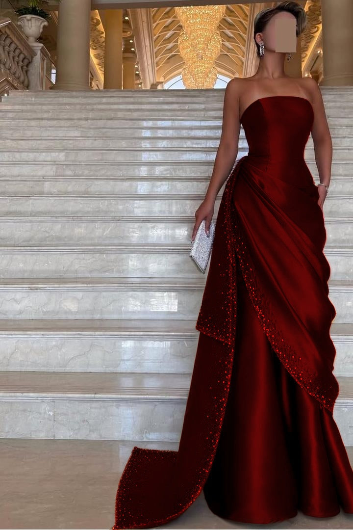 Purple Mermaid Prom Dress Sleeveless Strapless Beaded Formal Dress