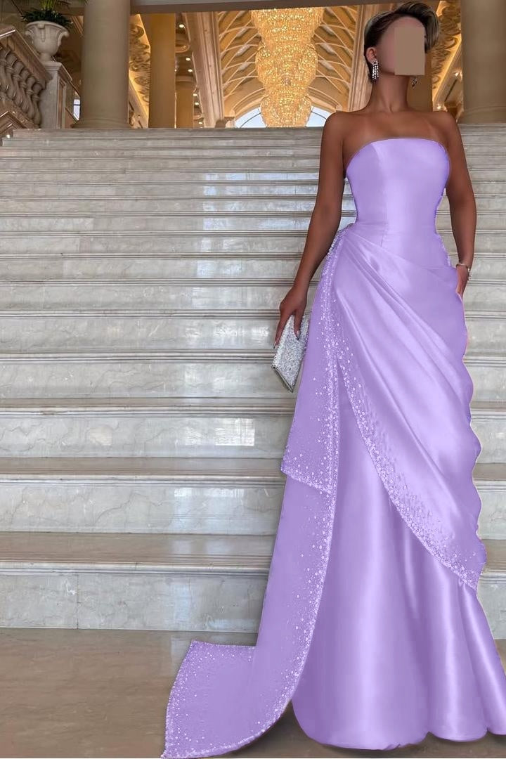 Purple Mermaid Prom Dress Sleeveless Strapless Beaded Formal Dress