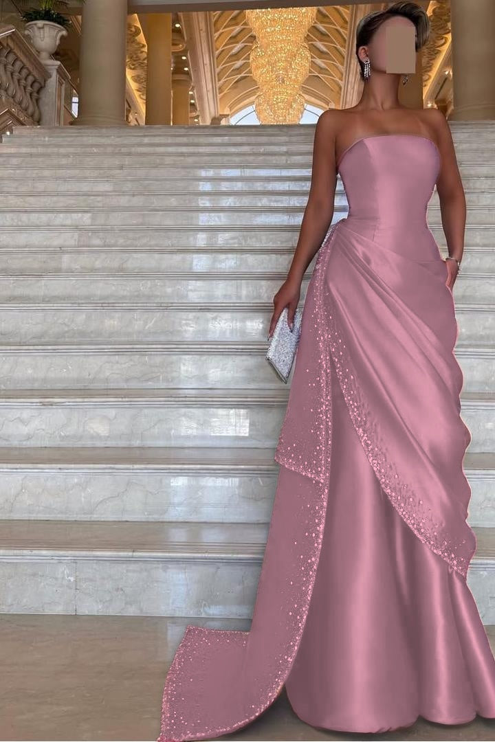 Purple Mermaid Prom Dress Sleeveless Strapless Beaded Formal Dress