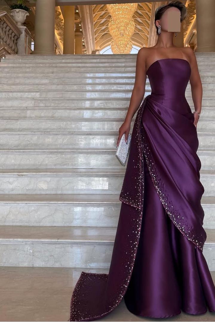 Purple Mermaid Prom Dress Sleeveless Strapless Beaded Formal Dress