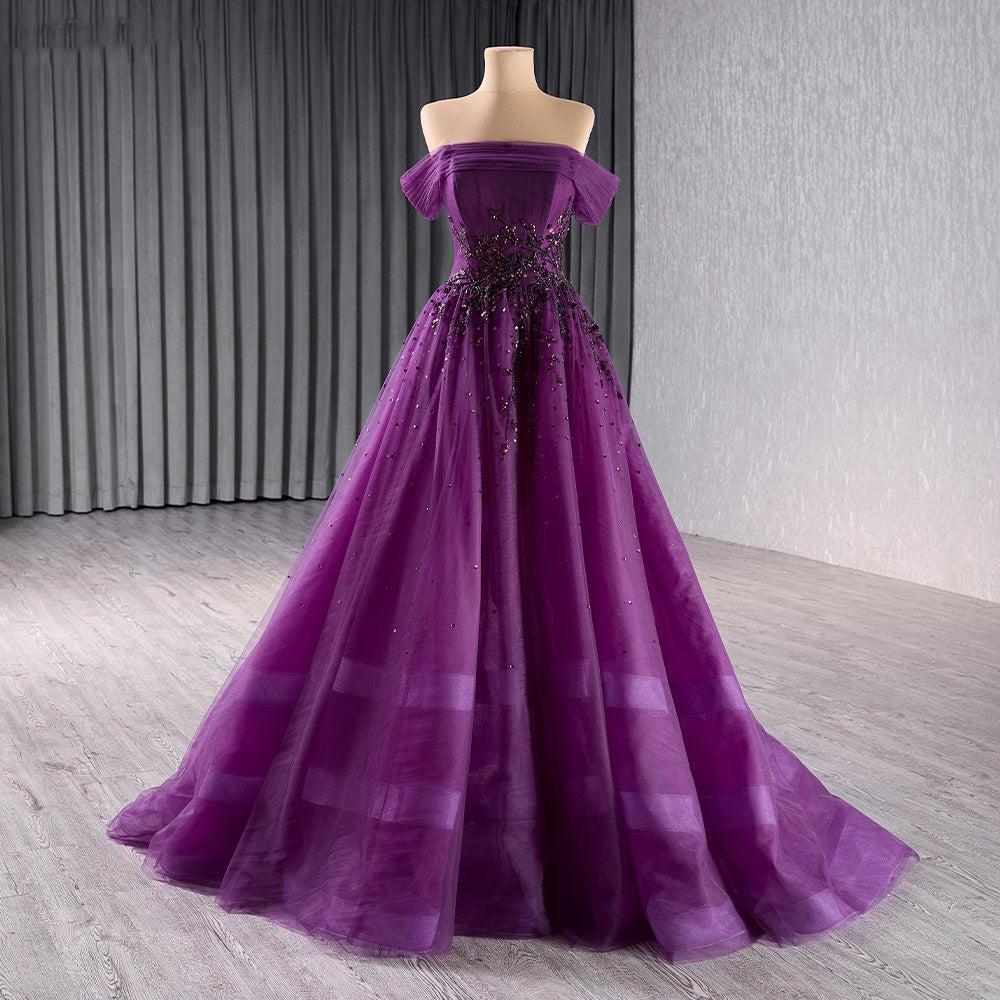 Purple Off the Shoulder Prom Dress A Line Beaded Sequin Evening Dress