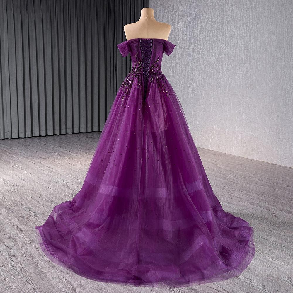 Purple Off the Shoulder Prom Dress A Line Beaded Sequin Evening Dress