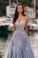Purple Prom Dress A Line Sweetheart Strapless Sleeveless Sequined Floor Length Tulle Formal Dress