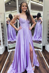 Purple Prom Dress Beaded A-Line Spaghetti Straps Long Formal Dress With Slit