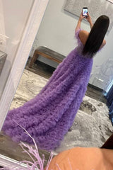 Purple Prom Dress Beaded Long Evening Dress with Ruffles