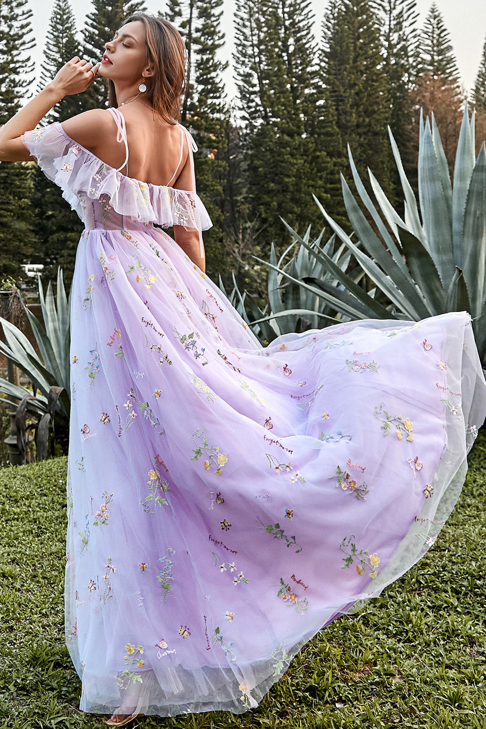 Purple Prom Dress Embroidery Long Evening Dress with Ruffles