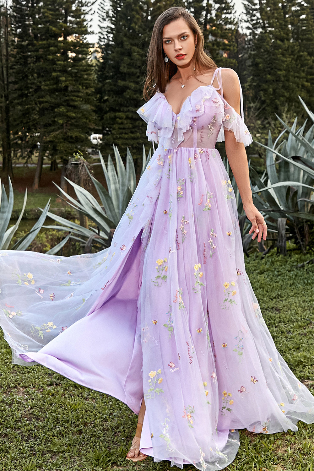 Purple Prom Dress Embroidery Long Evening Dress with Ruffles