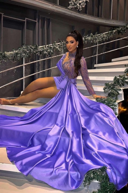 Purple Prom Dress High Neck Beaded Sleeve Satin Panel Train Short Formal Dress