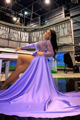 Purple Prom Dress High Neck Beaded Sleeve Satin Panel Train Short Formal Dress