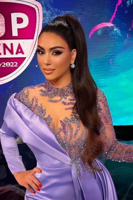 Purple Prom Dress High Neck Beaded Sleeve Satin Panel Train Short Formal Dress