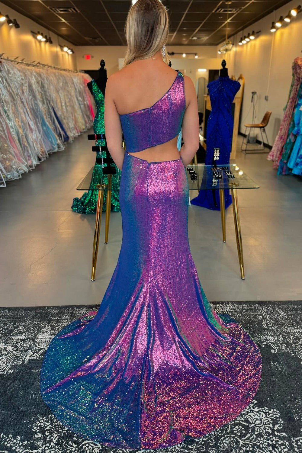 Purple Prom Dress Mermaid Cut Out Long Sequin Formal Dress With Slit