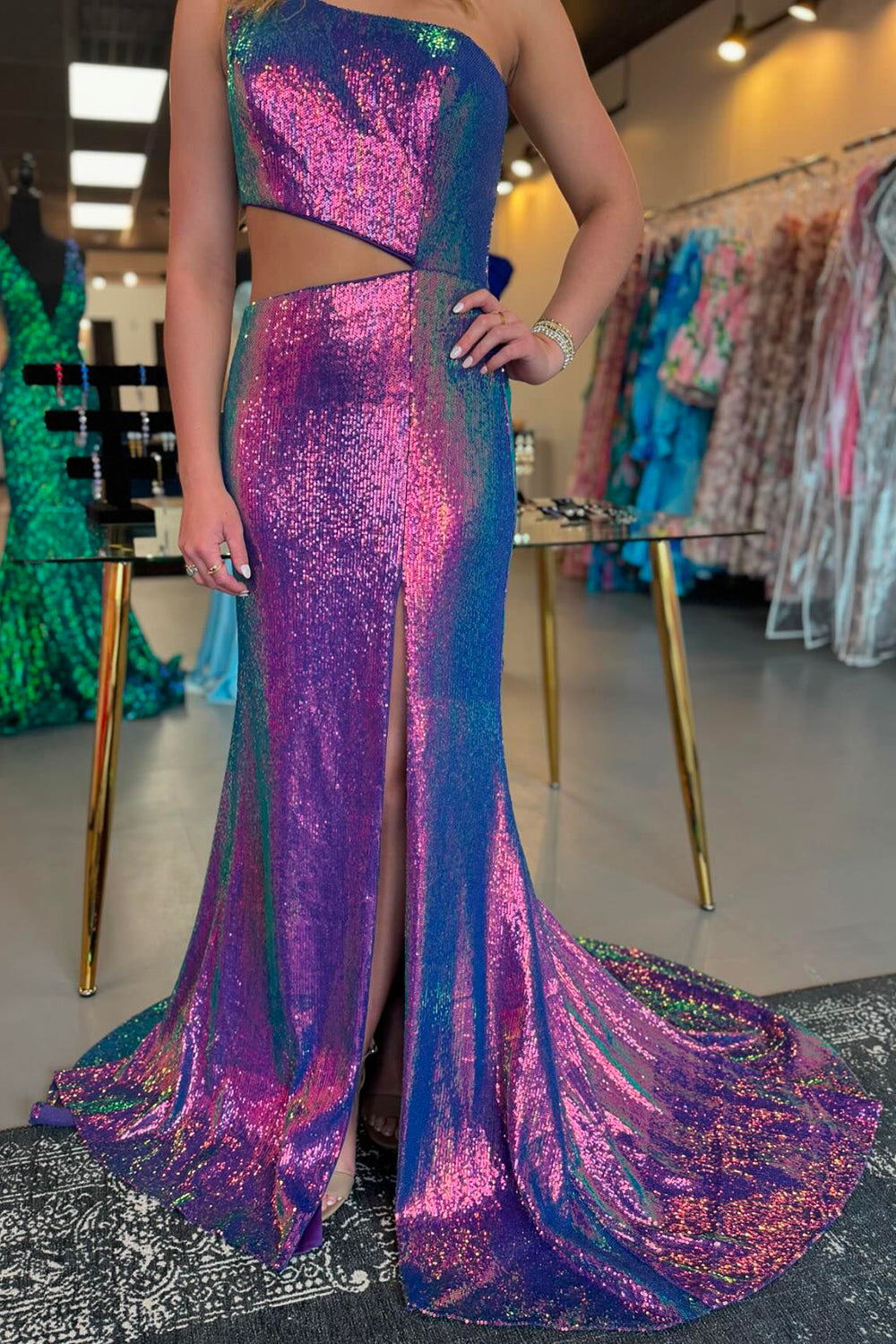 Purple Prom Dress Mermaid Cut Out Long Sequin Formal Dress With Slit