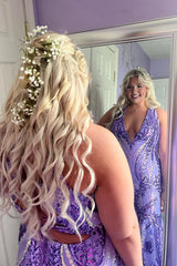 Purple Prom Dress Mermaid Deep V-Neck Long Formal Dress