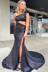 Purple Prom Dress Mermaid One Shoulder Long Evening Dress with Feathers