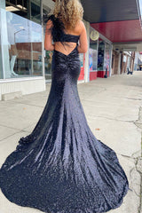 Purple Prom Dress Mermaid One Shoulder Long Evening Dress with Feathers