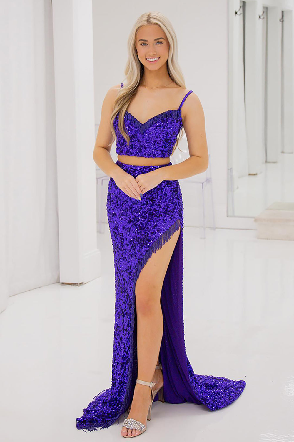Purple Prom Dress Spaghetti Straps Mermaid Two-Piece Formal Dress With Slit