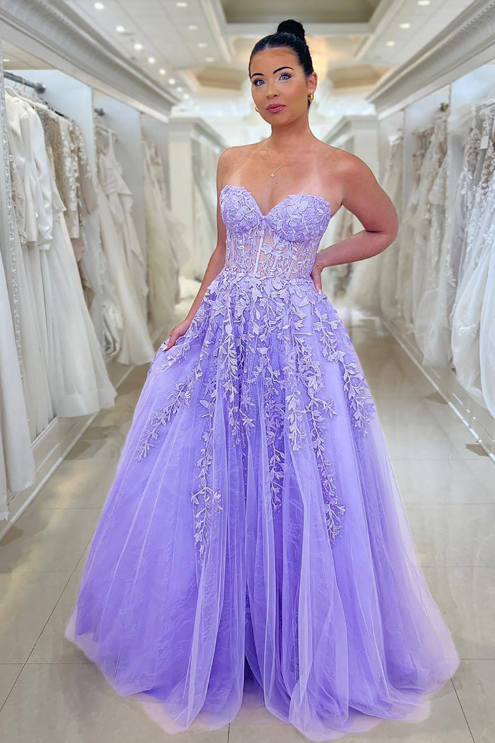 Purple Prom Dress Strapless Long Corset Evening Dress With Appliques