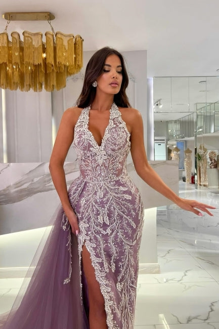 Purple Prom Dress V Neck Halter Sleeveless Panel Train Slit Tulle Formal Dress With Appliques