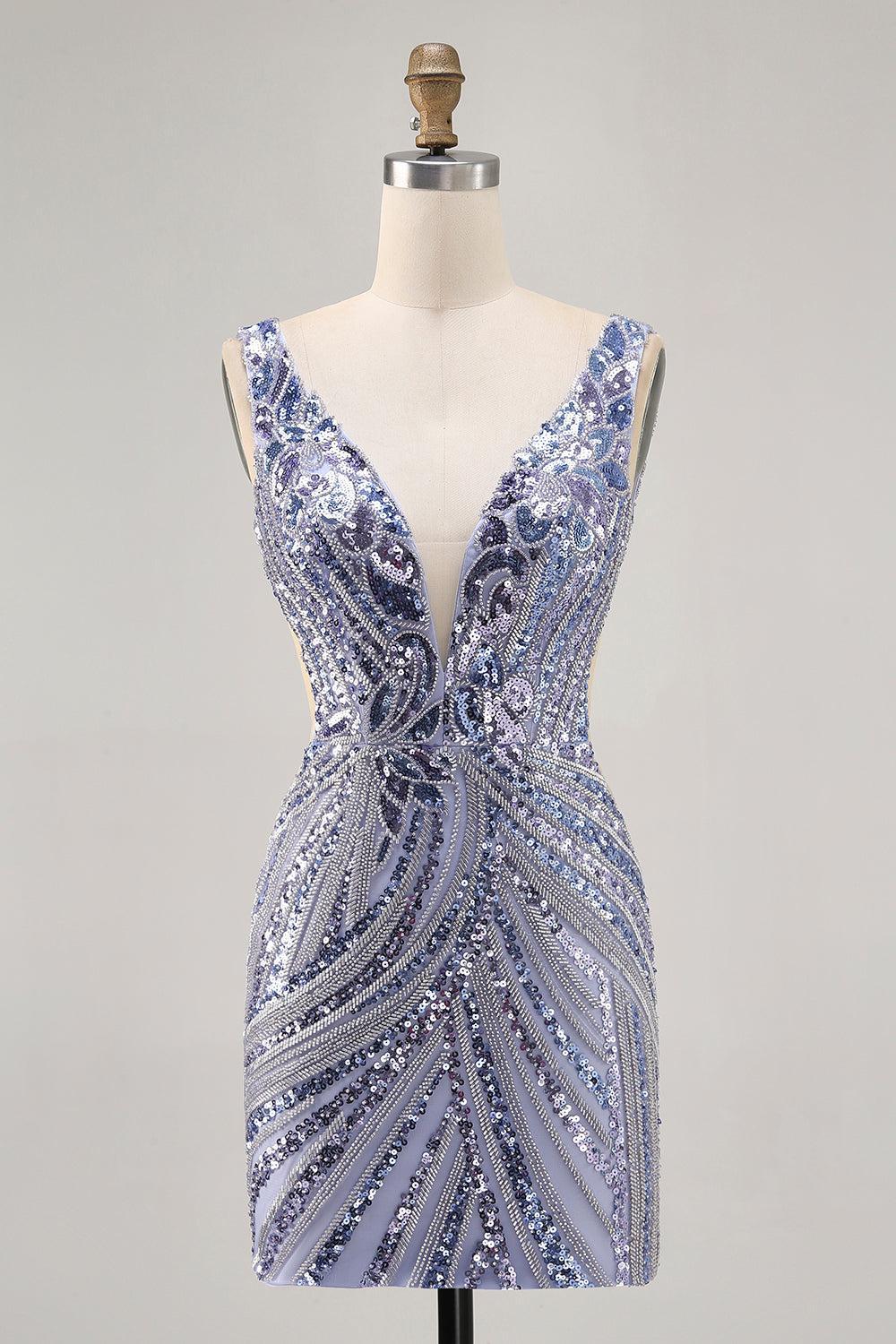 Sparkly Purple Sequin V-Neck Corset Short Homecoming Dress