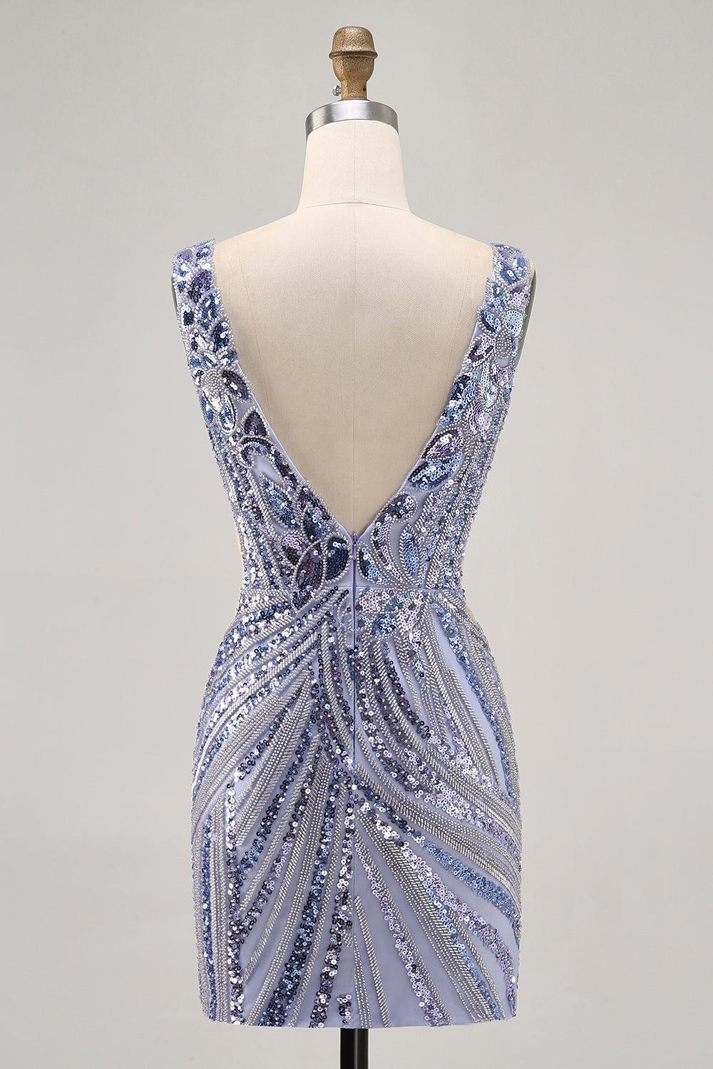 Sparkly Purple Sequin V-Neck Corset Short Homecoming Dress