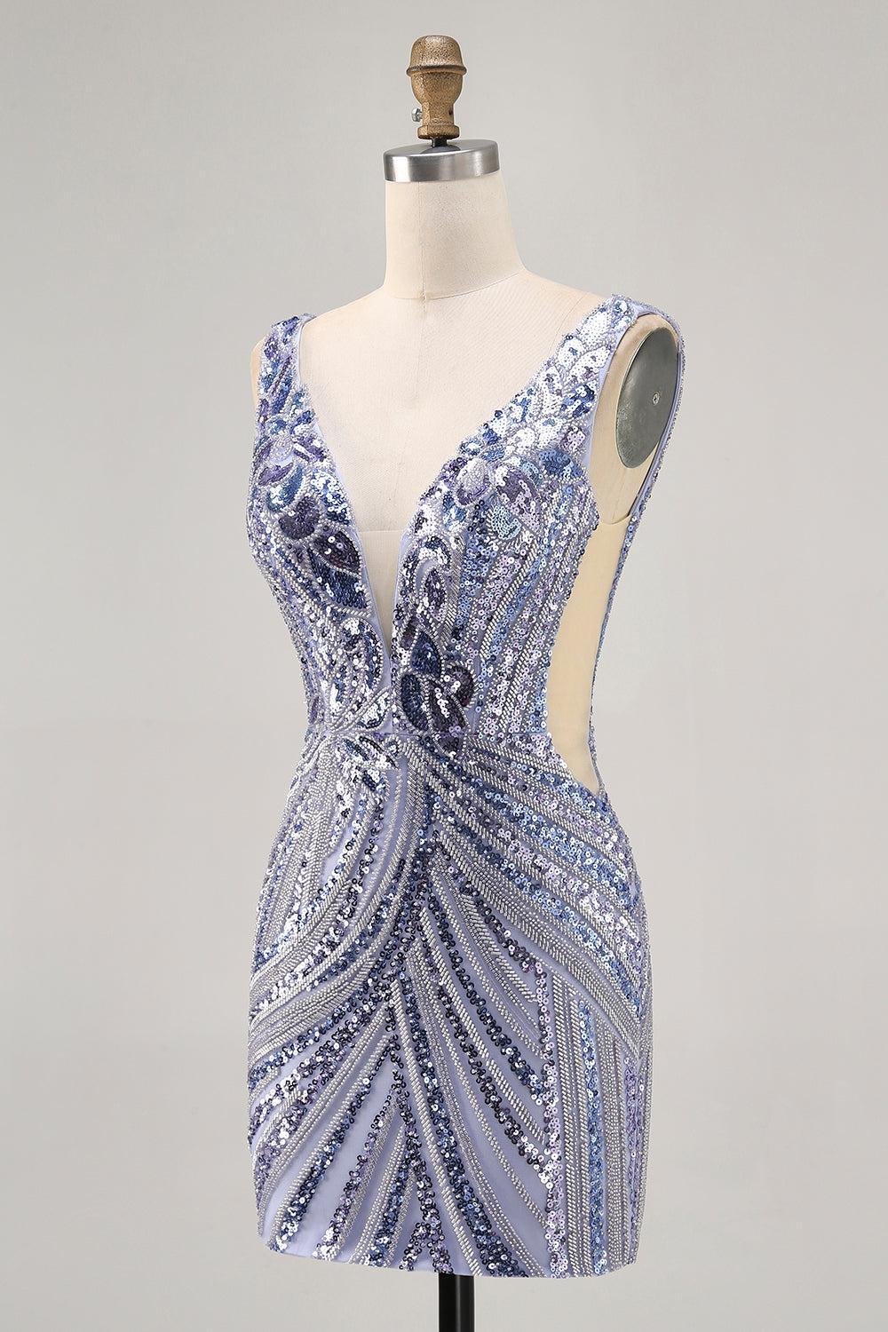 Sparkly Purple Sequin V-Neck Corset Short Homecoming Dress