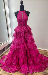 Halter A line Prom Dress Tiered Formal Dress Sequined Tulle Lace Evening Dress