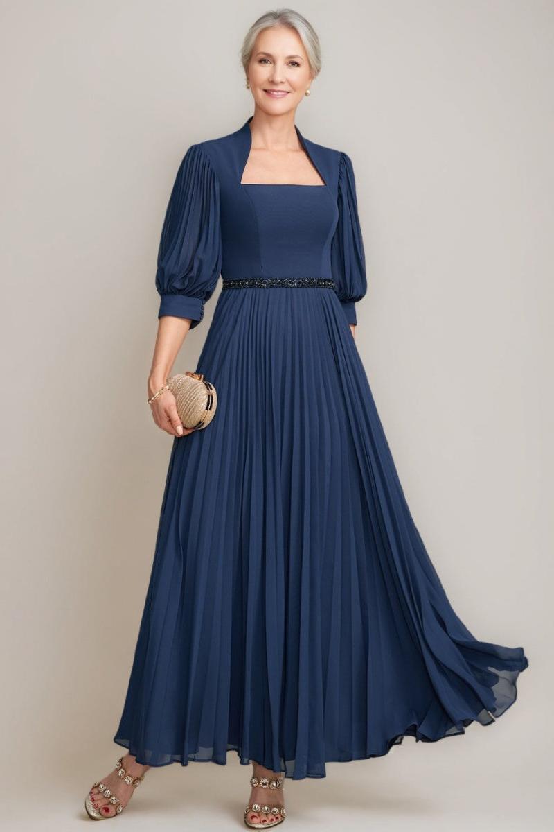 Queen Anne Neckline A line Ankle Length Mother of the Bride Dresses with Pleats Sequins & Beads