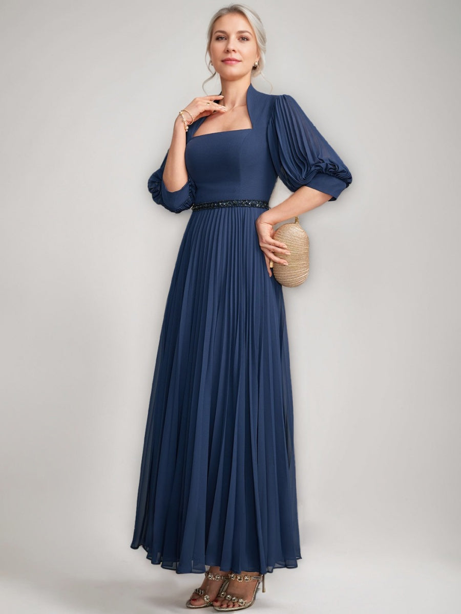 Queen Anne Neckline A line Ankle Length Mother of the Bride Dresses with Pleats Sequins & Beads