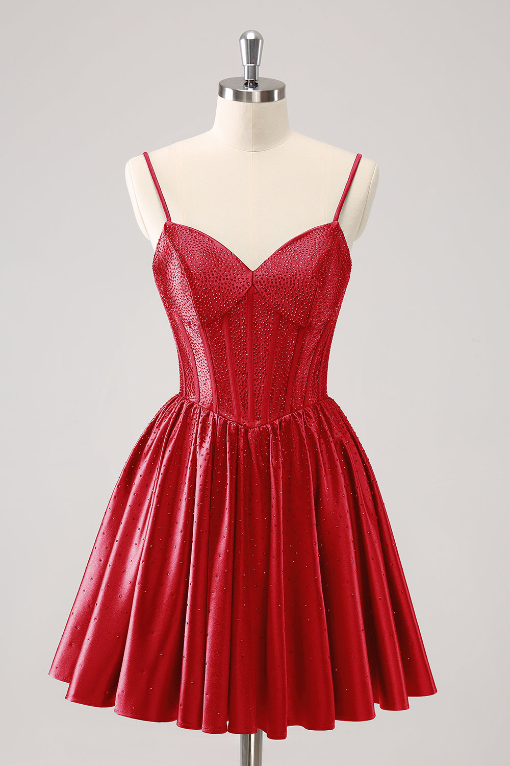 Sparkly A Line Red Spaghetti Straps Corset Short Homecoming Dress with Beading