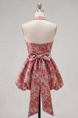Red Flower Jacquard Halter A Line Short Homecoming Dress with Bow
