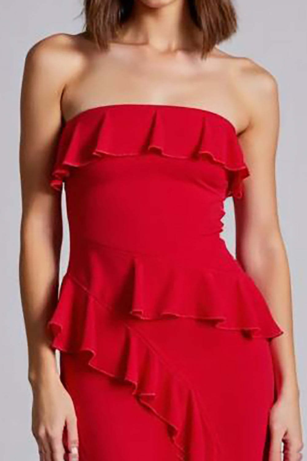 Red Formal Dress Ruffled Strapless A Line Chiffon Long Wedding Guest Dress